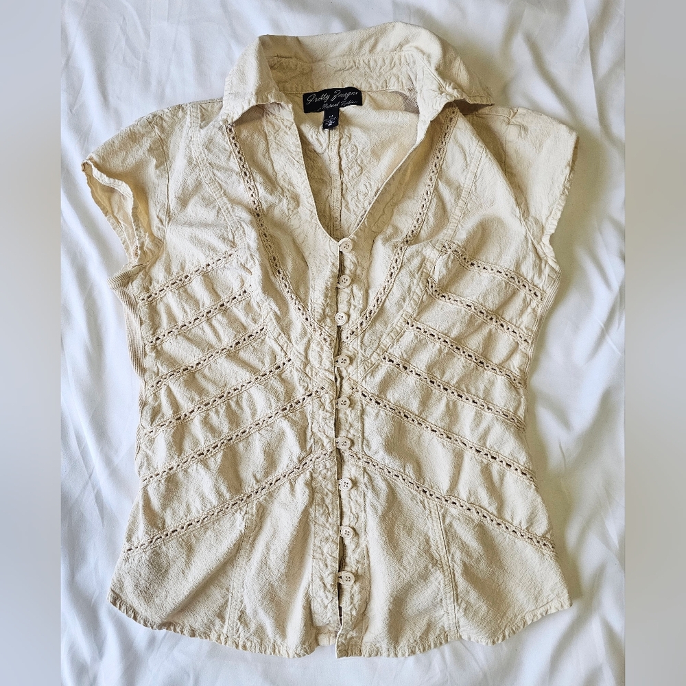 Betty Zueger M Womens Blouse Embroidered Beige Tan Hippie Artsy Button Top vinta